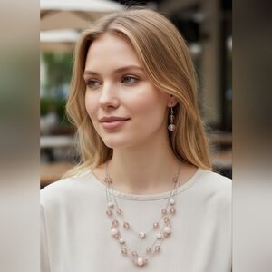 18" Multi-chain Illusion Necklace/Drop Earrings Set Frosted Pink Rondelle Beads.